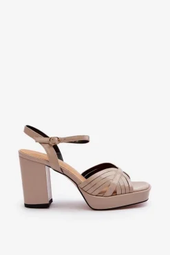 Discount Damskie buty S.Barski Lakierowane Sandały Damskie Na Słupku Beżowe D&A MR38-668 Beżowy