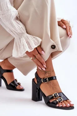 Hot Boto Lakierowane Sandały Na Obcasie S.Barski 80-3 Czarne