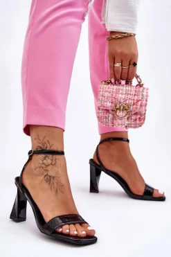 Hot Lakierowane Sandały Na Obcasie Czarne Owen Damskie Sandały Na Obcasie