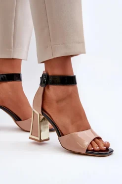 Lakierowane Sandały Na Słupku Beżowe Adrianu Damskie Sandały Na Obcasie