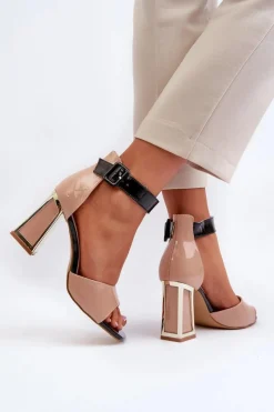 Lakierowane Sandały Na Słupku Beżowe Adrianu Damskie Sandały Na Obcasie