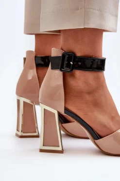 Lakierowane Sandały Na Słupku Beżowe Adrianu Damskie Sandały Na Obcasie