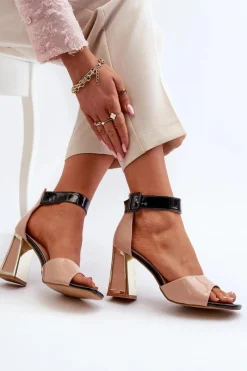 Lakierowane Sandały Na Słupku Beżowe Adrianu Damskie Sandały Na Obcasie