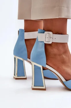 Hot Boto Lakierowane Sandały Na Słupku Niebieskie Adrianu