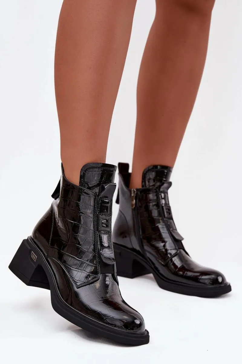 Sale Boto Lakierowane Skórzane Botki Damskie Z Tłoczeniem Na Klocku Czarne Lorenza
