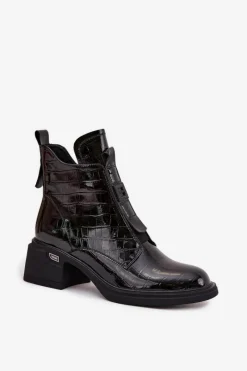 Sale Boto Lakierowane Skórzane Botki Damskie Z Tłoczeniem Na Klocku Czarne Lorenza
