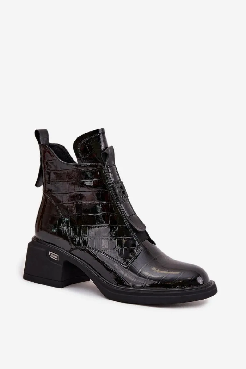 Sale Boto Lakierowane Skórzane Botki Damskie Z Tłoczeniem Na Klocku Czarne Lorenza