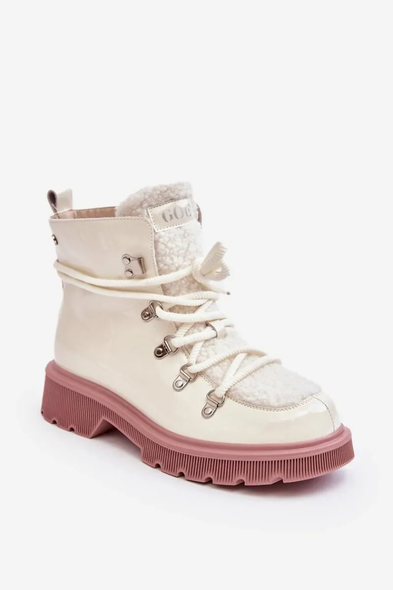 New Lakierowane Skórzane Botki Trapery Damskie MM2N4083 Białe Damskie Botki Ocieplane|Damskie Trapery