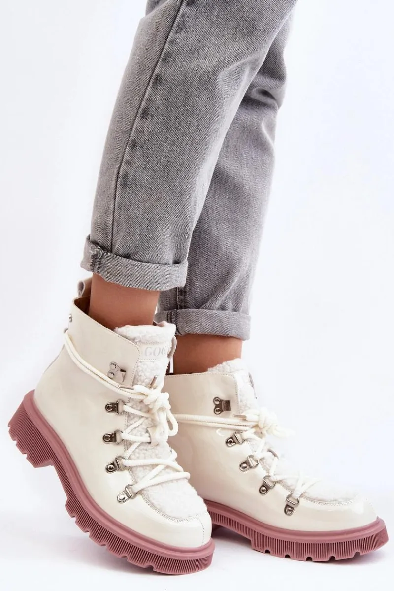 New Lakierowane Skórzane Botki Trapery Damskie MM2N4083 Białe Damskie Botki Ocieplane|Damskie Trapery