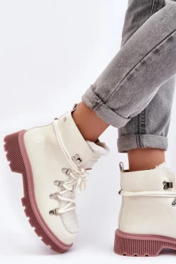 New Lakierowane Skórzane Botki Trapery Damskie MM2N4083 Białe Damskie Botki Ocieplane|Damskie Trapery