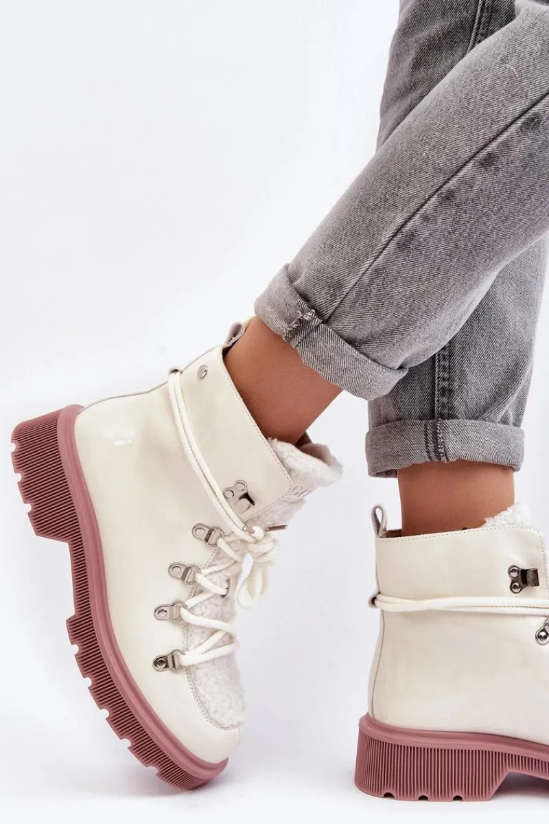 New Lakierowane Skórzane Botki Trapery Damskie MM2N4083 Białe Damskie Botki Ocieplane|Damskie Trapery