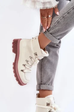 New Lakierowane Skórzane Botki Trapery Damskie MM2N4083 Białe Damskie Botki Ocieplane|Damskie Trapery