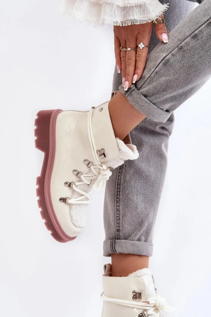 New Lakierowane Skórzane Botki Trapery Damskie MM2N4083 Białe Damskie Botki Ocieplane|Damskie Trapery