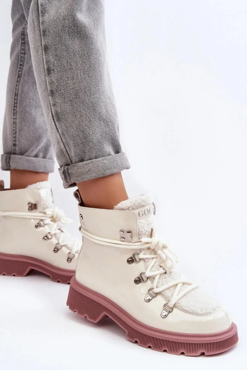 New Lakierowane Skórzane Botki Trapery Damskie MM2N4083 Białe Damskie Botki Ocieplane|Damskie Trapery