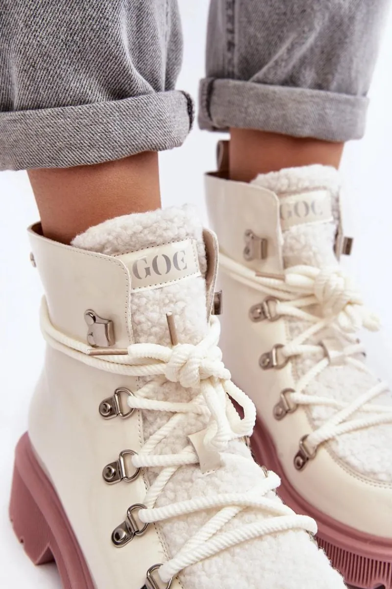 New Lakierowane Skórzane Botki Trapery Damskie MM2N4083 Białe Damskie Botki Ocieplane|Damskie Trapery