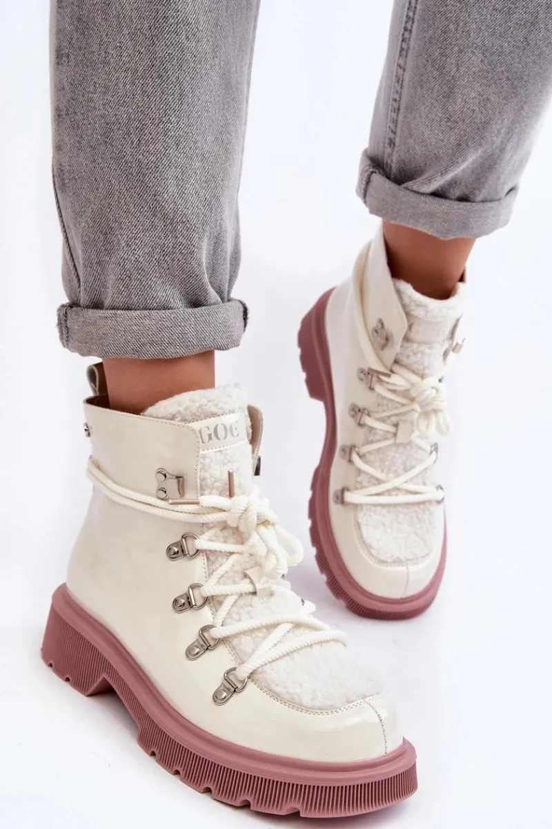 New Lakierowane Skórzane Botki Trapery Damskie MM2N4083 Białe Damskie Botki Ocieplane|Damskie Trapery