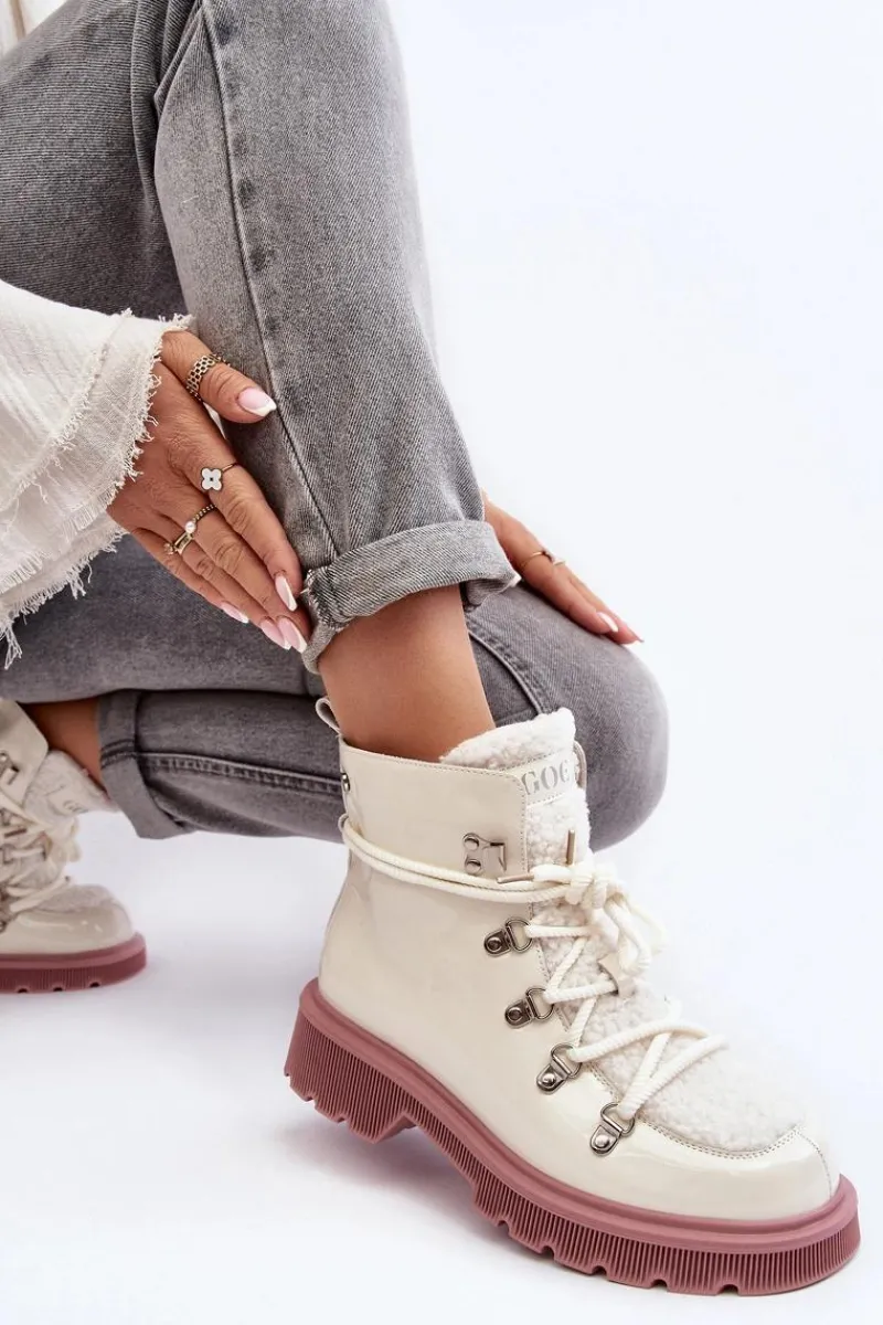 New Lakierowane Skórzane Botki Trapery Damskie MM2N4083 Białe Damskie Botki Ocieplane|Damskie Trapery