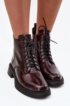 Sale Lakierowane Skórzane Botki Damskie Na Klocku LZ52-954 Bordowe Damskie Botki Ocieplane|Czarne Botki