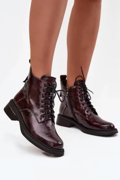Sale Lakierowane Skórzane Botki Damskie Na Klocku LZ52-954 Bordowe Damskie Botki Ocieplane|Czarne Botki