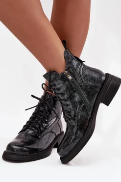 Hot Lakierowane Skórzane Botki Damskie Na Klocku LZ52-954 Granatowe Damskie Botki Ocieplane|Czarne Botki