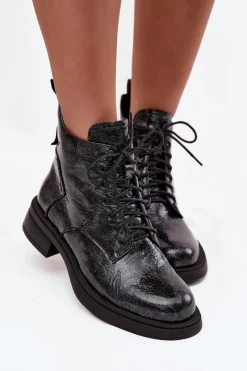 Hot Lakierowane Skórzane Botki Damskie Na Klocku LZ52-954 Granatowe Damskie Botki Ocieplane|Czarne Botki