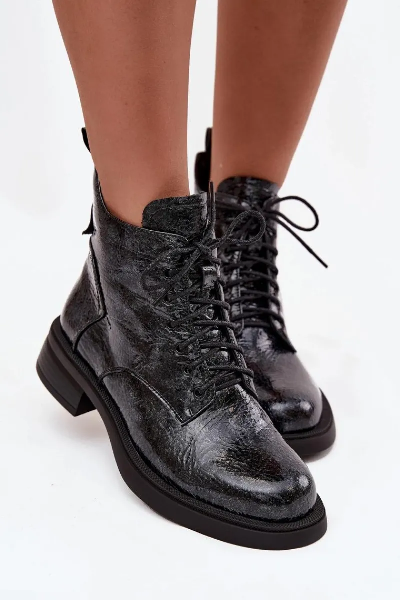 Hot Lakierowane Skórzane Botki Damskie Na Klocku LZ52-954 Granatowe Damskie Botki Ocieplane|Czarne Botki