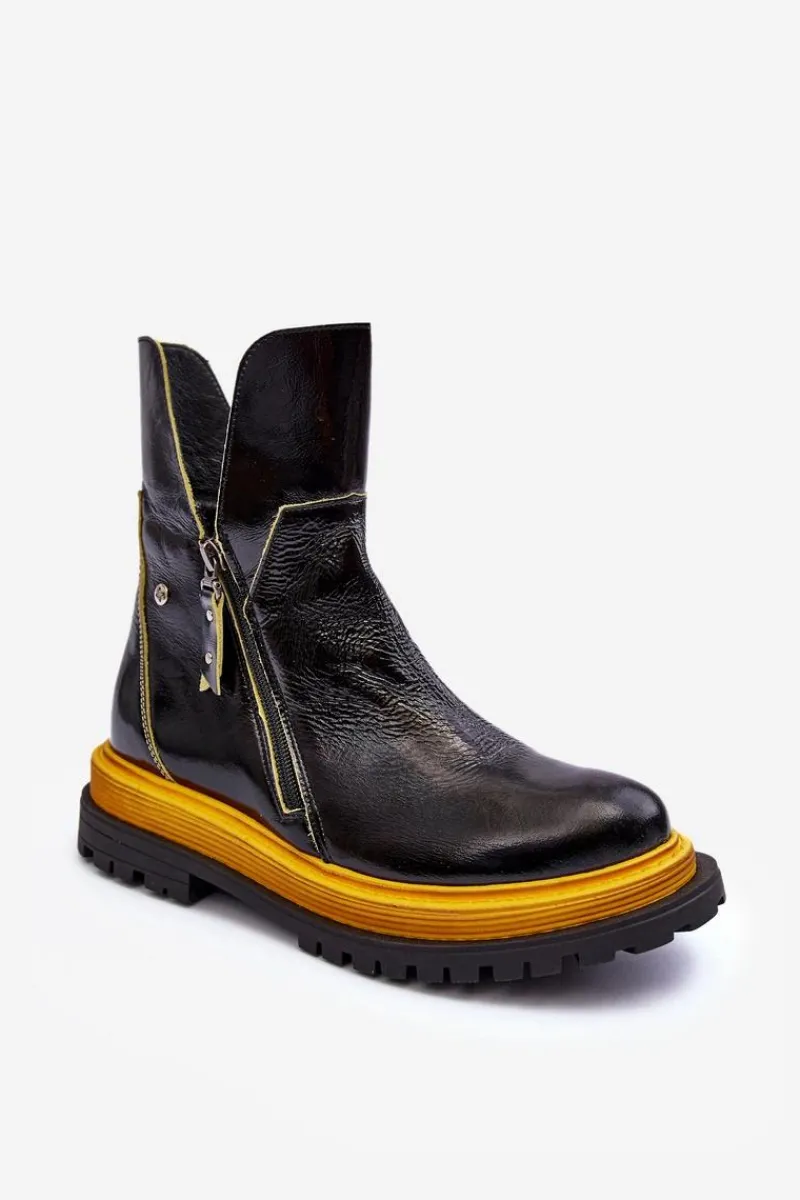 Outlet Maciejka Lakierowane Skórzane Botki Damskie 05747-07 Czarne