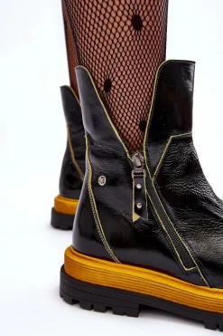 Outlet Maciejka Lakierowane Skórzane Botki Damskie 05747-07 Czarne