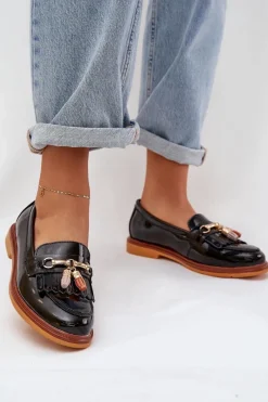 Discount Damskie buty S.Barski Lakierowane Skórzane Eleganckie Mokasyny Na Płaskim Obcasie S.Barski LR51-768A Czarne