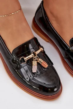 Discount Damskie buty S.Barski Lakierowane Skórzane Eleganckie Mokasyny Na Płaskim Obcasie S.Barski LR51-768A Czarne