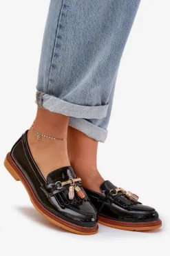 Discount Damskie buty S.Barski Lakierowane Skórzane Eleganckie Mokasyny Na Płaskim Obcasie S.Barski LR51-768A Czarne