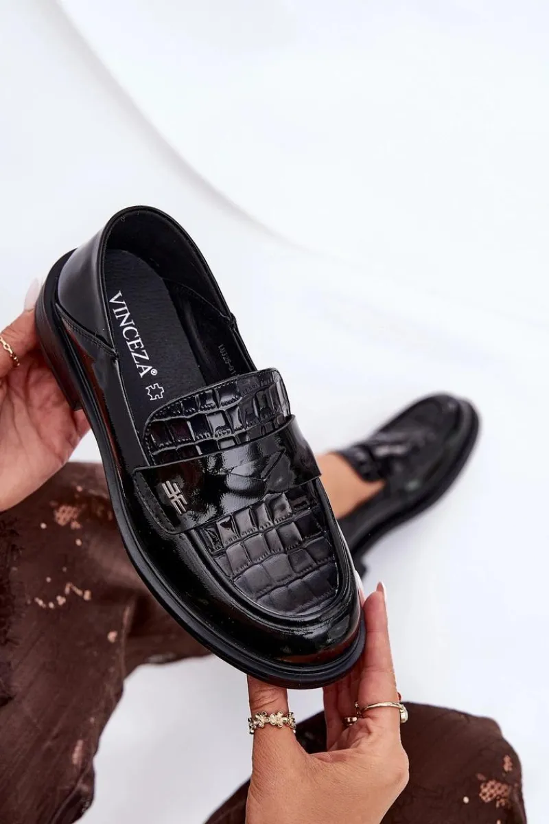 Hot Buty damskie Vinceza Lakierowane Skórzane Mokasyny Damskie Vinceza 91125 Czarne Czarny