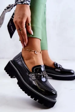 Półbuty Lakierowane>Damskie buty S.Barski Lakierowane Skórzane Półbuty Z Ozdobą Czarne Adison