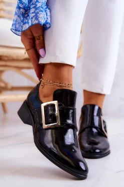 Sale Boto Lakierowane Skórzane Półbuty Ze Sprzączką Czarne Taliya