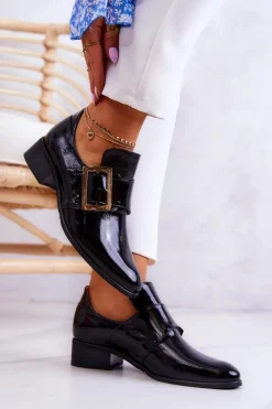 Sale Boto Lakierowane Skórzane Półbuty Ze Sprzączką Czarne Taliya