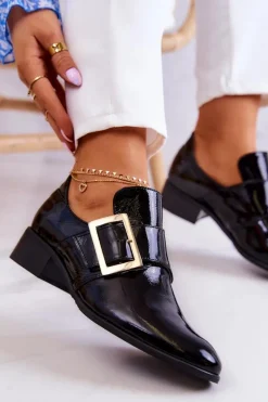 Sale Boto Lakierowane Skórzane Półbuty Ze Sprzączką Czarne Taliya