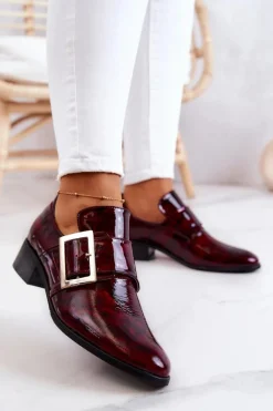 New Boto Lakierowane Skórzane Półbuty Ze Sprzączką Bordowe Taliya