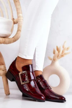 New Boto Lakierowane Skórzane Półbuty Ze Sprzączką Bordowe Taliya