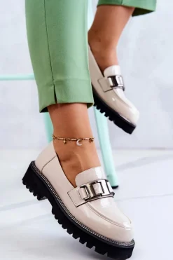 Best Lakierowane Skórzane Półbuty Jasnobeżowe Corine Damskie Półbuty Lakierowane