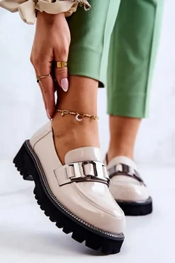 Best Lakierowane Skórzane Półbuty Jasnobeżowe Corine Damskie Półbuty Lakierowane