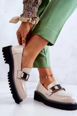 Best Lakierowane Skórzane Półbuty Jasnobeżowe Corine Damskie Półbuty Lakierowane