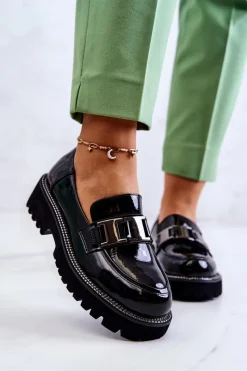 Lakierowane Skórzane Półbuty Czarne Corine Damskie Półbuty Lakierowane