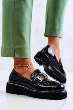 Lakierowane Skórzane Półbuty Czarne Corine Damskie Półbuty Lakierowane