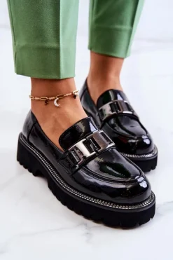 Lakierowane Skórzane Półbuty Czarne Corine Damskie Półbuty Lakierowane