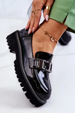 Lakierowane Skórzane Półbuty Czarne Corine Damskie Półbuty Lakierowane