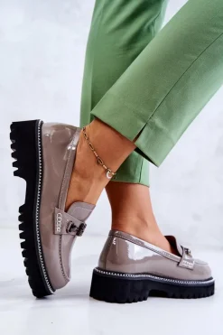 Hot Damskie buty S.Barski Lakierowane Skórzane Półbuty Z Ozdobą Jasnobrązowe Adison