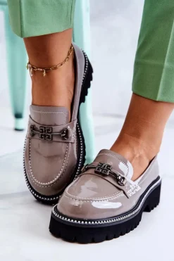 Hot Damskie buty S.Barski Lakierowane Skórzane Półbuty Z Ozdobą Jasnobrązowe Adison