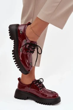 New Artiker Lakierowane Skórzane Półbuty Damskie Z Przypinkami 57C0336 Bordowe Czerwony