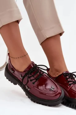 New Artiker Lakierowane Skórzane Półbuty Damskie Z Przypinkami 57C0336 Bordowe Czerwony