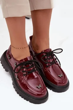 New Artiker Lakierowane Skórzane Półbuty Damskie Z Przypinkami 57C0336 Bordowe Czerwony